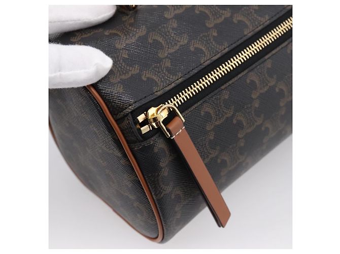 Céline CELINE Macadam Canvas Triomphe Cylinder Bag PVC 2way Brown Gold Auth 203772SAM Castaño Dorado - vista 19