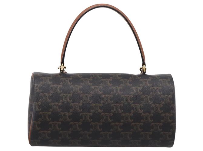 Céline CELINE Macadam Canvas Triomphe Cylinder Bag PVC 2way Brown Gold Auth 203772SAM Castaño Dorado - vista 2