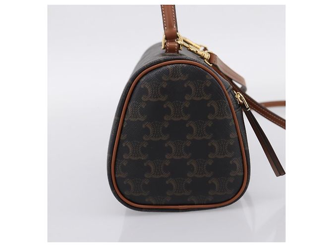 Céline CELINE Macadam Canvas Triomphe Cylinder Bag PVC 2way Brown Gold Auth 203772SAM Castaño Dorado - vista 3