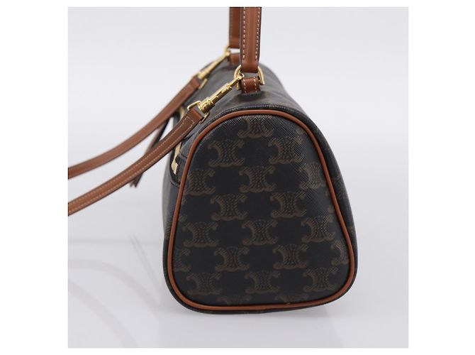 Céline CELINE Macadam Canvas Triomphe Cylinder Bag PVC 2way Brown Gold Auth 203772SAM Castaño Dorado - vista 4