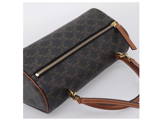 Céline CELINE Macadam Canvas Triomphe Cylinder Bag PVC 2way Brown Gold Auth 203772SAM Castaño Dorado - vista 6