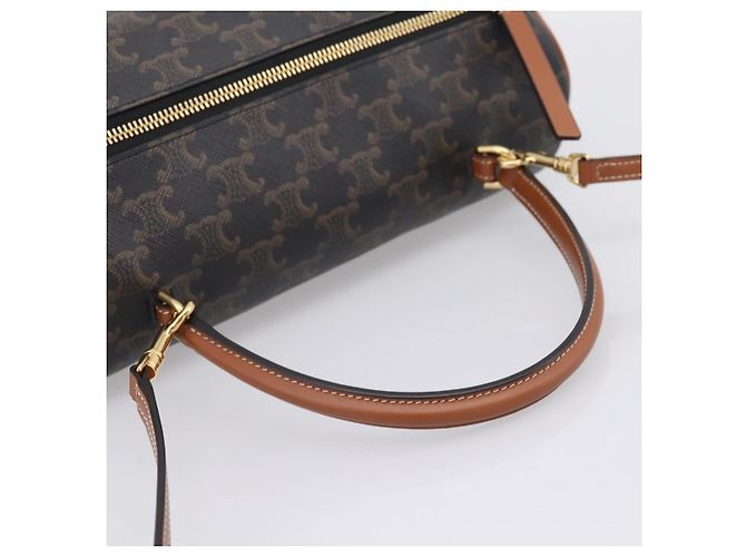 Céline CELINE Macadam Canvas Triomphe Cylinder Bag PVC 2way Brown Gold Auth 203772SAM Castaño Dorado - vista 7