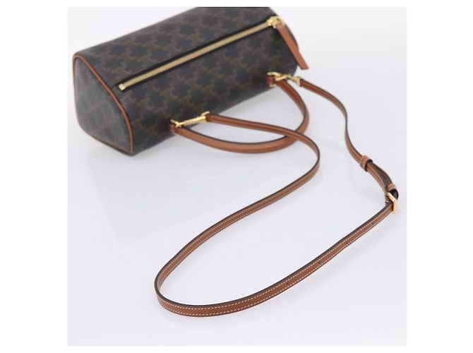 Céline CELINE Macadam Canvas Triomphe Cylinder Bag PVC 2way Brown Gold Auth 203772SAM Castaño Dorado - vista 8