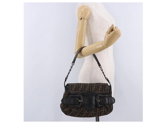 Borsa a tracolla FENDI Zucca Canvas con catena Nero Marrone Auth 201338V - vista 25