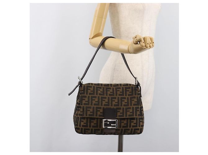 Borsa a Tracolla FENDI Zucca Canvas Mamma Baguette Nero Marrone Auth 200696V - vista 27