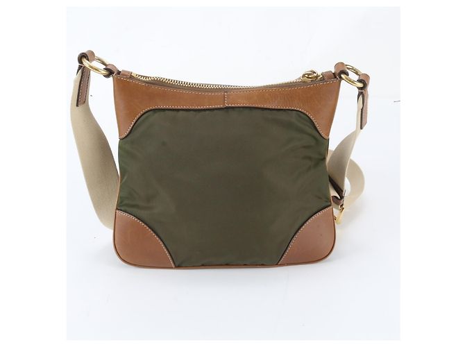 Bolsa de ombro em couro e nylon Tessuto com logo triangular Prada Caqui - vista 3