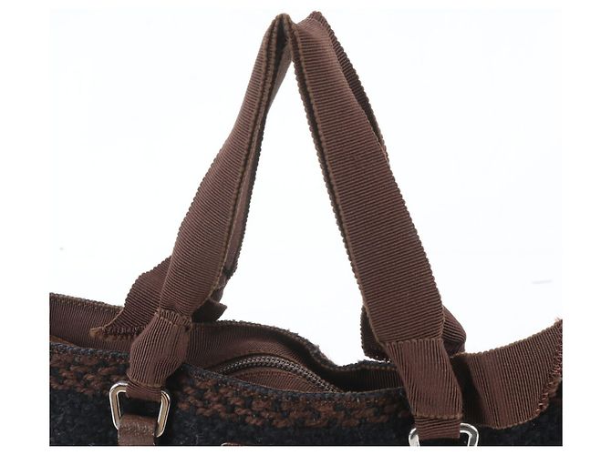Prada Triangle Logo Leder Tweed Tote Bag Braun Schwarz - Ansicht 2