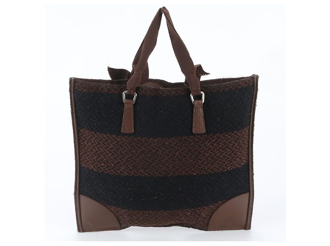 Prada Triangle Logo Leder Tweed Tote Bag Braun Schwarz - Ansicht 3