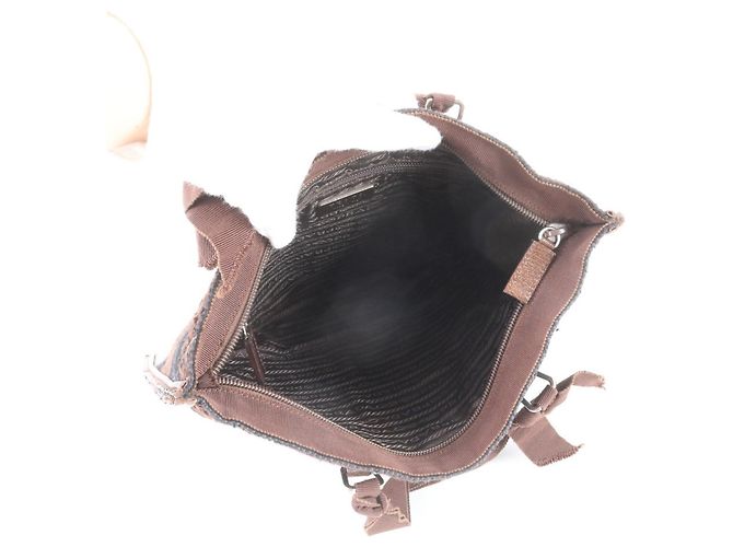Prada Triangle Logo Leder Tweed Tote Bag Braun Schwarz - Ansicht 7