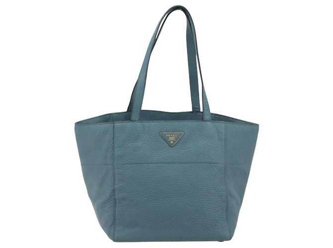PRADA Sac Tote en cuir bleu clair ton or - vue 13