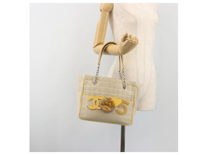 CHANEL Choco Bar Cambon Chain Tote Bag Canvas Beige Silver CC - Ansicht 22