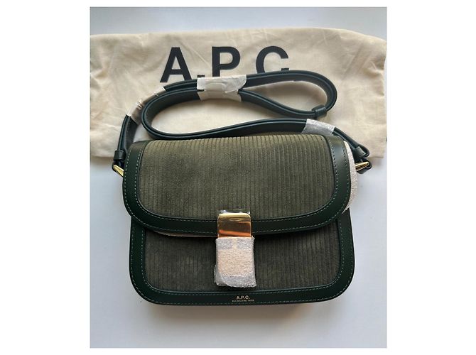 Apc A.P.C. Borsa a tracolla in velluto a coste verde e pelle - vista 2