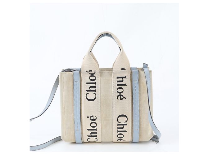 Borsa a tracolla 2-way Chloé Woody Small in tela e pelle Blu Beige - vista 3