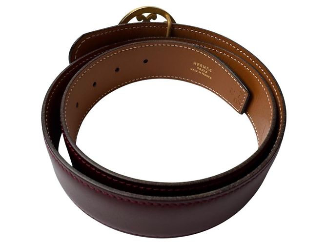 Hermès Cinturón reversible Hermes Double H Circle Logo Burdeos Camello - vista 2