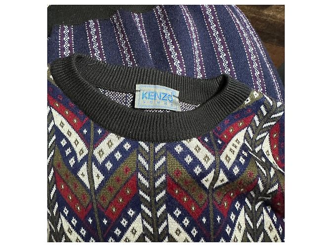 Kenzo Geometric Pattern Wool Blend Crewneck Sweater Brown White Red Blue Green Grey - view 6