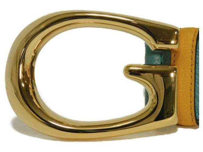 Gucci G Logo Emblem Ledergürtel Gelb Hellblau - Ansicht 2