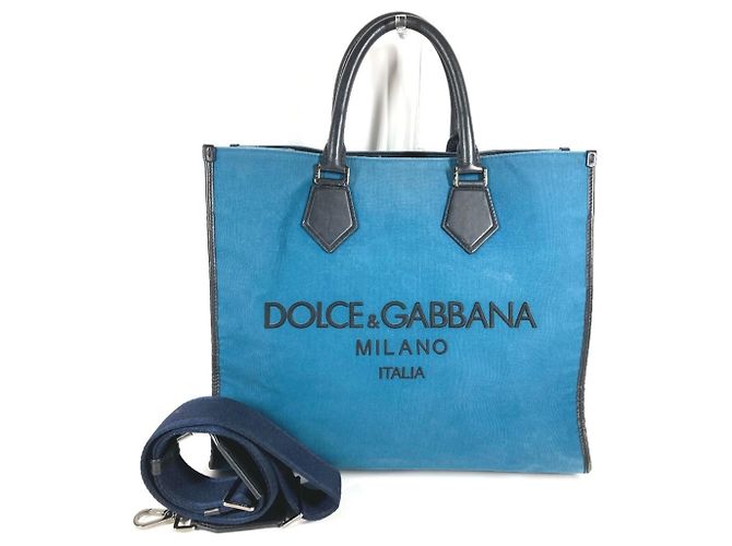 Borsa Shopping Dolce & Gabbana in pelle e tela Nero Blu - vista 2