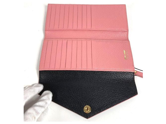 Miu Miu Madras Logo Bicolor Flap Long Wallet Schwarz Pink - Ansicht 10