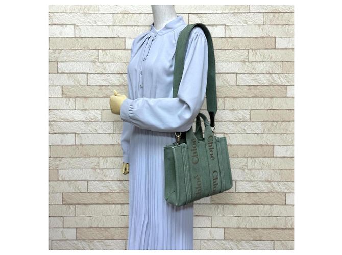 Borsa Tote Piccola Chloé Woody Shoulder Verde Cachi - vista 2