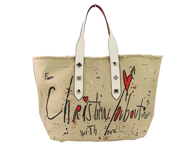 Borsa Tote con borchie Christian Louboutin Frangibus Bianco Rosso Beige - vista 2