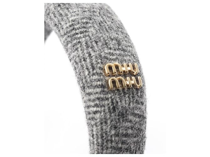 Cerchietto Miu Miu in tweed grigio con logo Marrone - vista 4