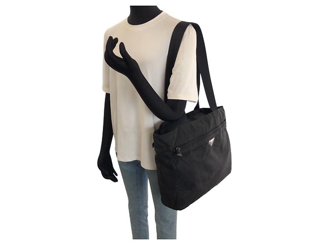 Sac Tote Prada Tessuto avec logo triangle Noir - vue 7