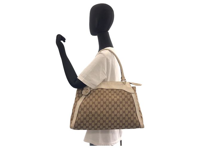 Borsa tote Gucci Trophy marrone beige in tela - vista 7