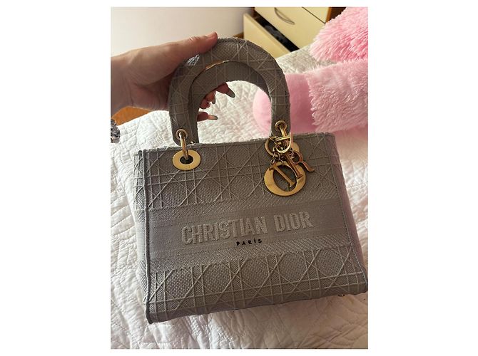 Christian Dior Borsa Lady Dior Medium in Tela Grigia Grigio - vista 12