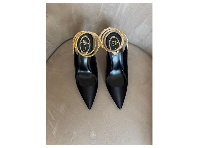 Rene Caovilla Décolleté in raso nero con serpente gioiello D'oro - vista 2