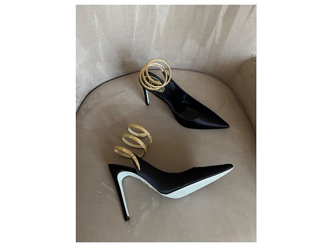 Rene Caovilla Décolleté in raso nero con serpente gioiello D'oro - vista 3