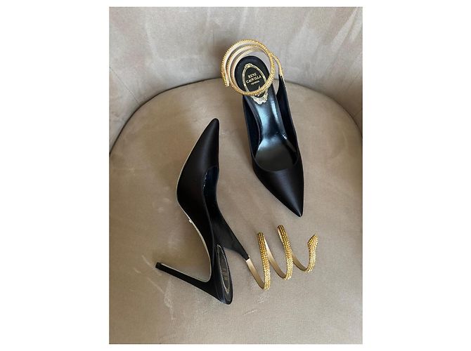 Rene Caovilla Décolleté in raso nero con serpente gioiello D'oro - vista 4