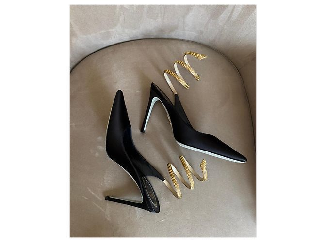 Rene Caovilla Décolleté in raso nero con serpente gioiello D'oro - vista 5