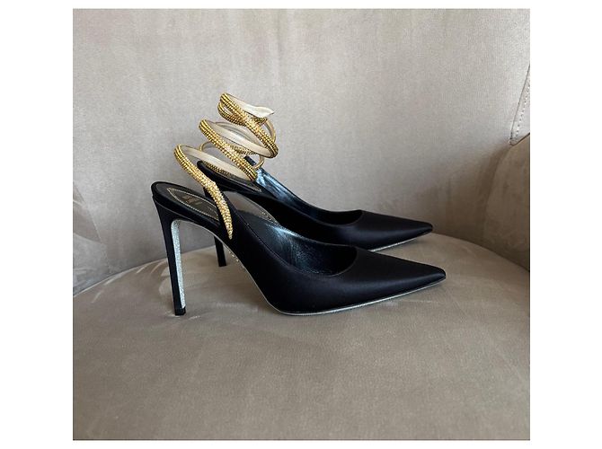 Rene Caovilla Décolleté in raso nero con serpente gioiello D'oro - vista 6