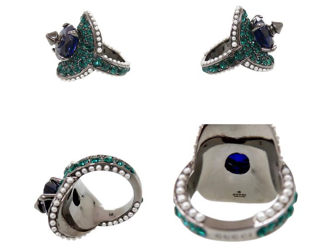 Gucci Ring aus Metall mit Steinen, Strass und Kunstperlen Blau Mehrfarben Grün Metallisch - Ansicht 3