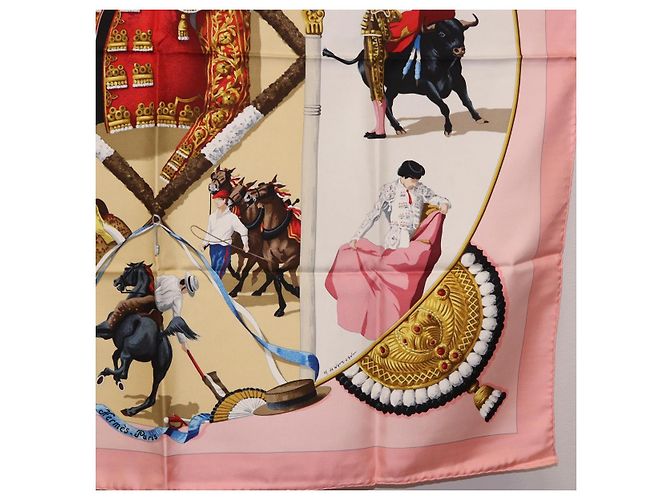 Hermès Foulard HERMES Carre 90 "PLAZA D TOROS" Seta Rosa Auth hk4127 - vista 10