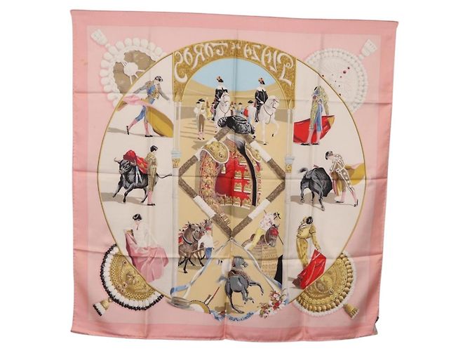 Hermès Foulard HERMES Carre 90 "PLAZA D TOROS" Seta Rosa Auth hk4127 - vista 14