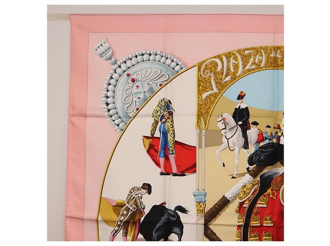 Hermès Foulard HERMES Carre 90 "PLAZA D TOROS" Seta Rosa Auth hk4127 - vista 2