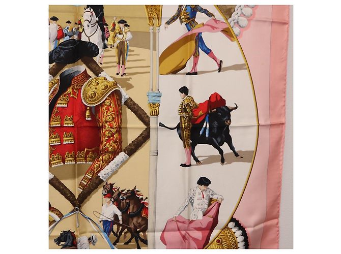 Hermès Foulard HERMES Carre 90 "PLAZA D TOROS" Seta Rosa Auth hk4127 - vista 7