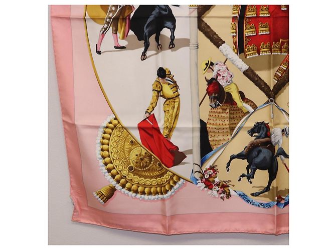Hermès Foulard HERMES Carre 90 "PLAZA D TOROS" Seta Rosa Auth hk4127 - vista 8
