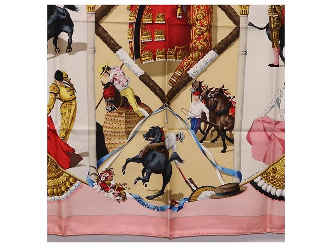 Hermès Foulard HERMES Carre 90 "PLAZA D TOROS" Seta Rosa Auth hk4127 - vista 9