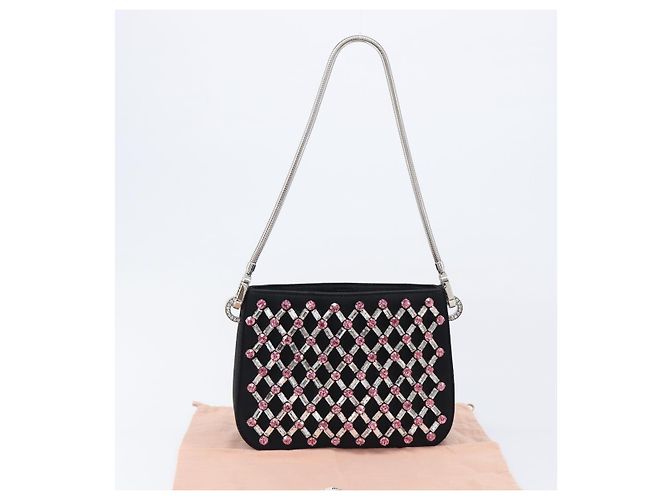 Borsa a tracolla Miu Miu Sassy Chain Raso Nero Argento Auth 200582M - vista 12