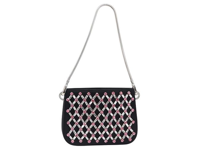 Borsa a tracolla Miu Miu Sassy Chain Raso Nero Argento Auth 200582M - vista 13