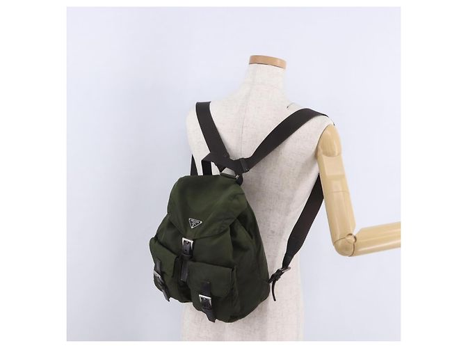 Zaino PRADA Nylon Khaki Silver Auth hk4019 Argento Cachi - vista 29