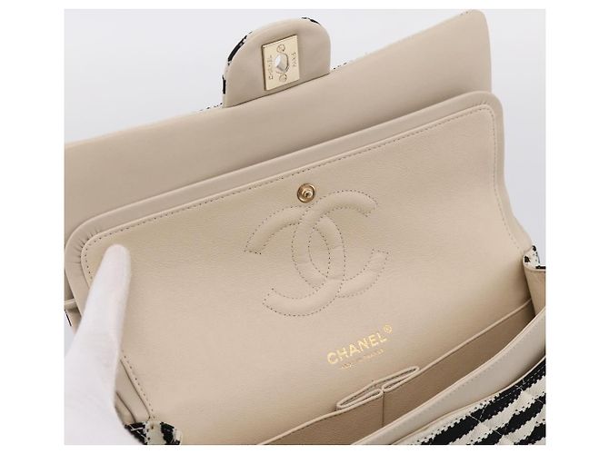 Borsa CHANEL Chain Matelasse 25 in jersey di cotone Nero Bianco gold CC Auth 202910SM D'oro - vista 8