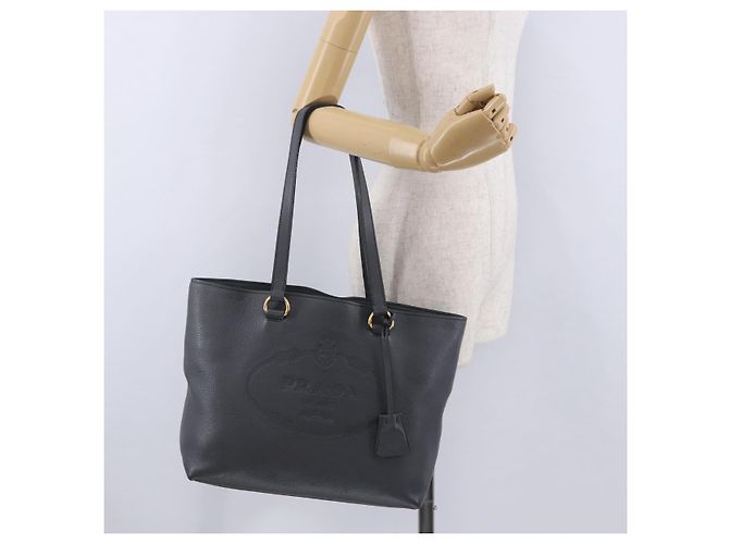 Borsa Tote PRADA in pelle Vittero Dino Grigio Gold Auth 200556A Marrone D'oro - vista 24