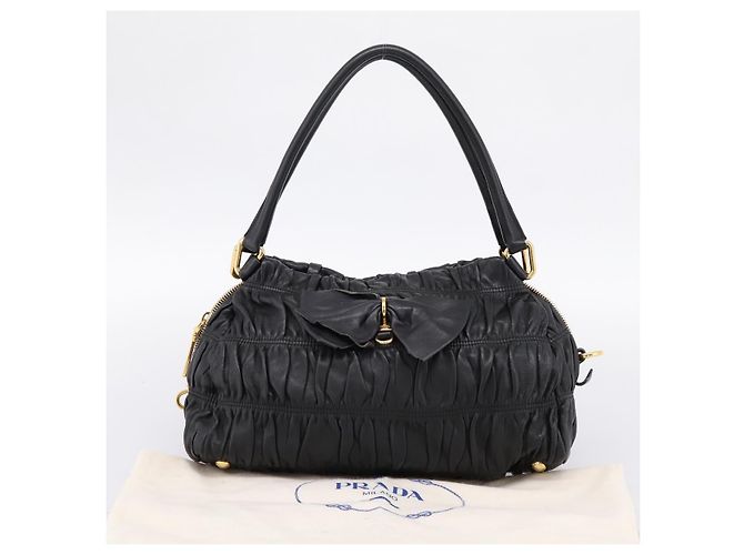 Bolsa de mão PRADA em couro preto e ouro Auth am12603SAM Dourado - vista 12