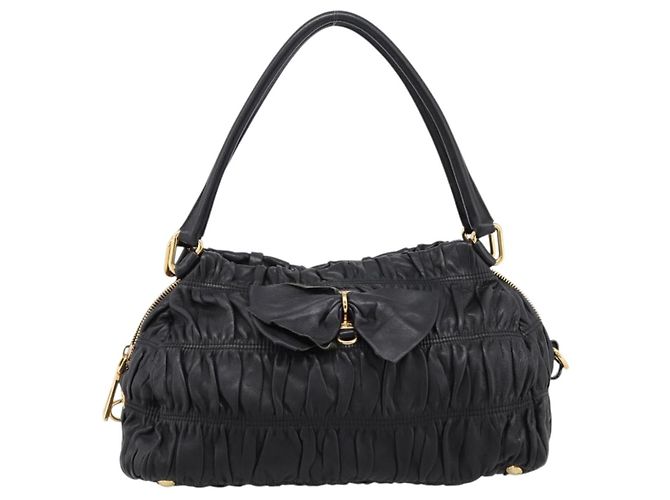 Bolsa de mão PRADA em couro preto e ouro Auth am12603SAM Dourado - vista 13