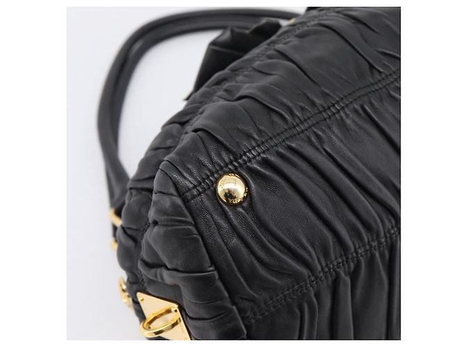 Bolsa de mão PRADA em couro preto e ouro Auth am12603SAM Dourado - vista 15