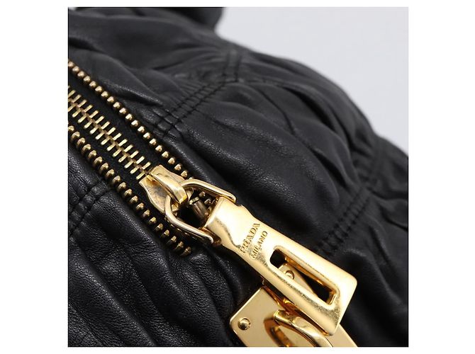 Bolsa de mão PRADA em couro preto e ouro Auth am12603SAM Dourado - vista 19
