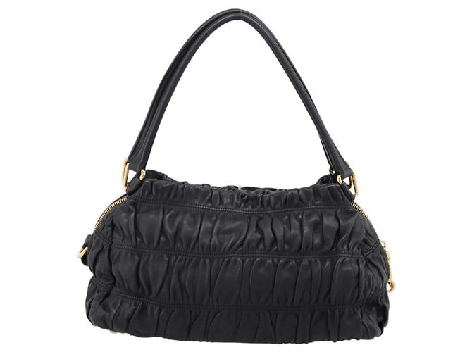 Bolsa de mão PRADA em couro preto e ouro Auth am12603SAM Dourado - vista 2